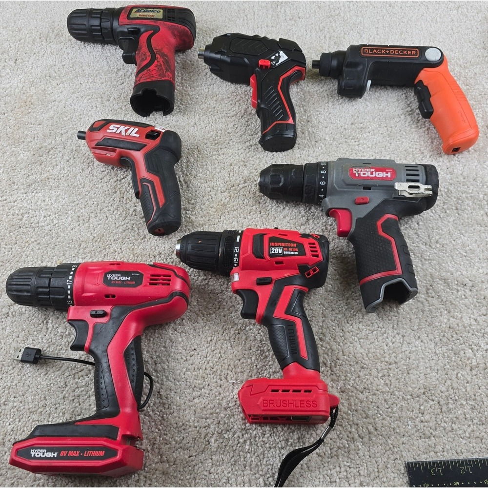 Lot of 7 Cordless Drills Drivers ACDelco SKIL Black+Decker Hyper Tough TESTED